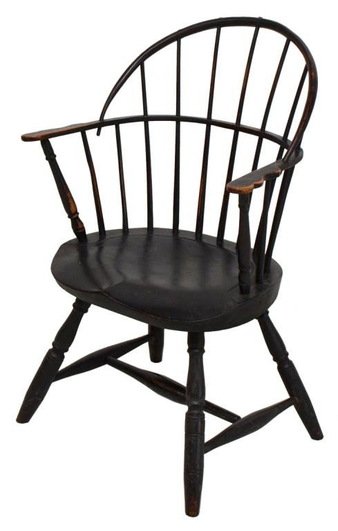 18TH C. MASSACHUSETTS PAINTED WINDSOR CHAIR: American black painted Windsor chair, Massachusetts, 18th century, sack-back form with continuous spindle pierced arm having scroll ends, saddle seat, turned legs with H form stretcher, wear to paint 