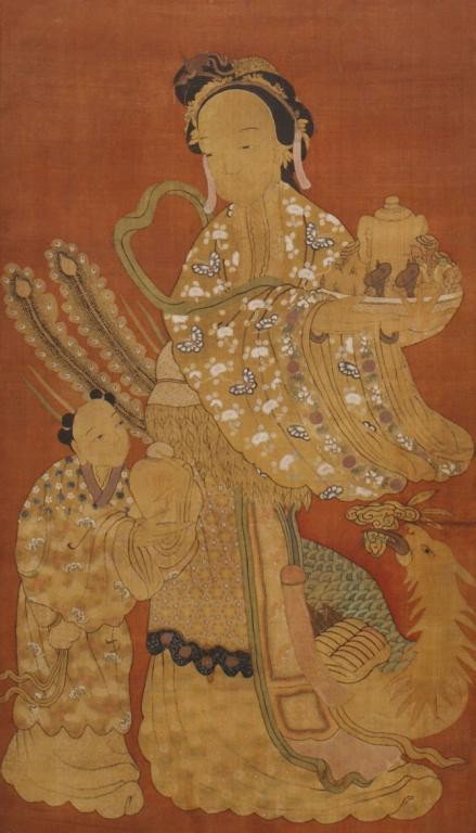 LARGE ANTIQUE CHINESE FIGURAL PAINTING, XI WANG MU: Large Framed Chinese painting on fabric, Xi Wang Mu, Queen Mother of the West, early 20th c., sight: 54"h, 31"w, overall: 60"h 36"w, 13lbs Start Price: $500.00