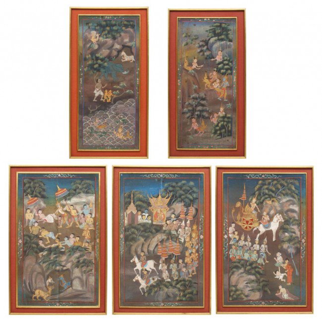 (5) FRAMED THAI BUDDHIST STORY PAINTINGS: (lot of 5) Framed Thai Buddhist story paintings on canvas, mid 20thc., laid on board, (3) sight: 36.5"h, 23"w, overall: 41"h, 27.5"w, (2) sight: 35.5"h, 16"w, overall: 41"h, 22"w, 40lbs Start Price: $