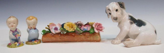 BING & GRONDAHL PORCELAIN DOG & WADE FIGURES: (lot of 4) Porcelain figures including: (1) B&G of Denmark dog, 2027, seated white dog with grey spots, 4"h; (2) Wade figurines, 'Wynken' and 'I've a Bear Behind', minor loss to flowers on latter, 3"h