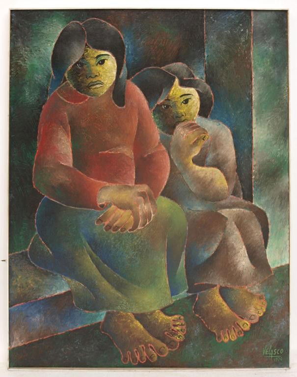 FRAMED PAINTING, "ETERNAS VICTMAS", SIGNED: Framed painting on canvas, "Eternas Victimas", signed and dated lower right Velasco,1970, titled, signed and dated on verso Santiago Velasco, overall: 42.5"h, 36.5"w, 13lbs Start Price: $150.00