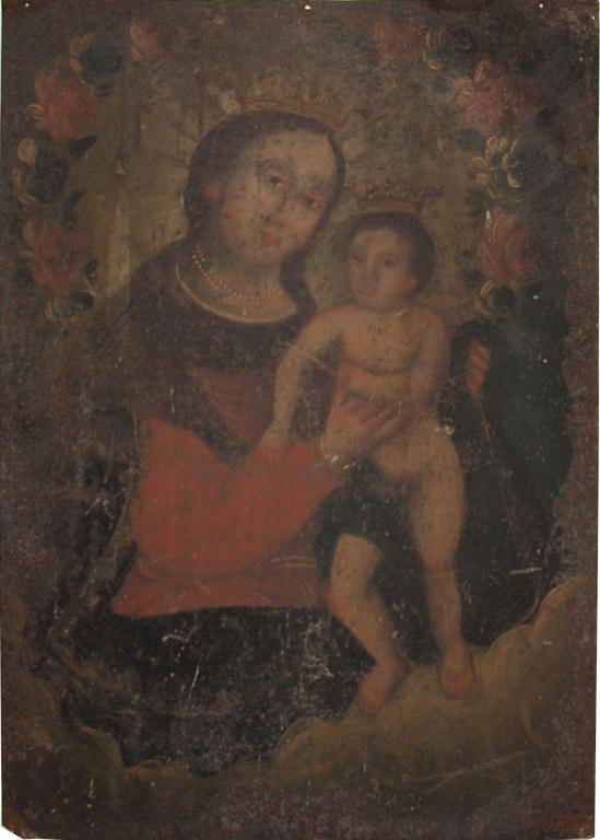 ANTIQUE MEXICO RELIGIOUS VIRGIN & CHILD RETABLO: Religious retablo of Virgin Mary and Child, Mexico, polychrome painted on tin, fading to paint and wear to tin from age, 14"h, 10"w, 1lb Start Price: $100.00