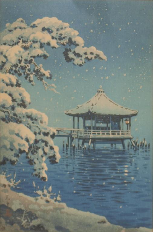 JAPANESE TSUCHIYA KOITSU MODERN WOODBLOCK PRINT: Framed Japanese modern woodblock print, Snow at the Ukimedo Katada, Tsuchiya Koitsu (Japan, 1870-1949), dated Showa 9 (1934), with circular Watanabe publisher seal, later impression, toned, sight: 14.