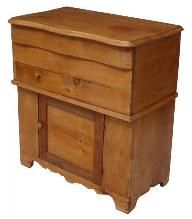 ANTIQUE PENNSYLVANIA PINE LIFT TOP DRY SINK: Pennsylvania pine dry sink with lift top, single drawer and cabinet storage, restorations, 32"h, 29"w, 17"d Start Price: $150.00