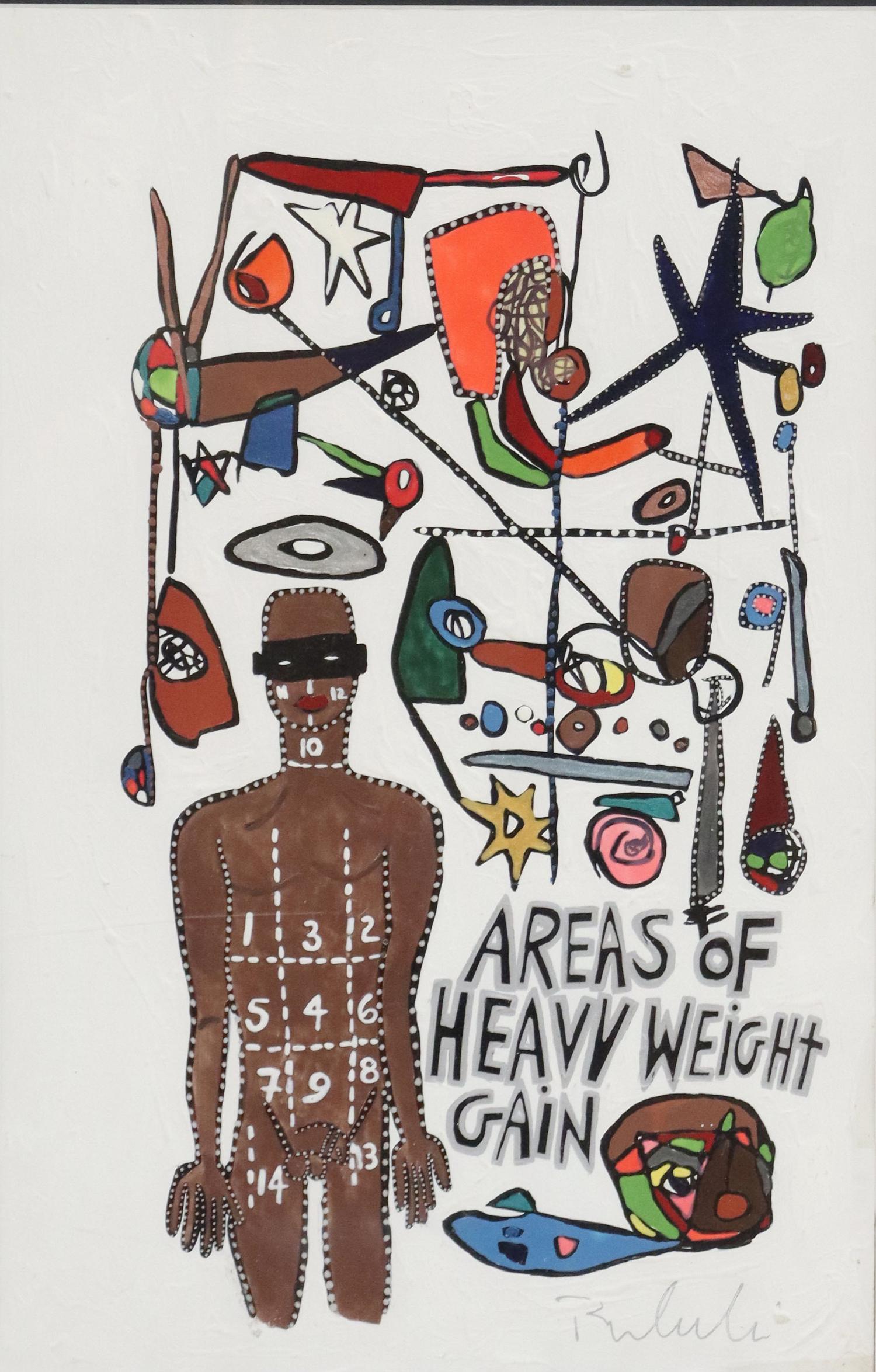 DANIEL BELARDINELLI (B.1961) OUTSIDER ART PAINTING: Framed mixed media painting on paper, "Areas of Heavy Weight Gain," signed lower right Belardinelli (Daniel Belardinelli, American, b.1961), sight: approx 16.75"h, 10.75"w, overall: 24.5"h, 18.5"w, 4.