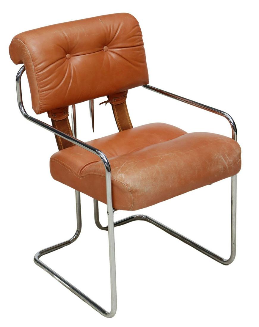 GUIDO FALESCHINI ITALIAN MID-CENTURY TUCROMA CHAIR: Italian mid-century modern "Tucroma" armchair, attributed to Guido Faleschini for Mariani, c.1970s, tubular chromed steel frame, brown leather back and seat connected by straps, button tufted, some we