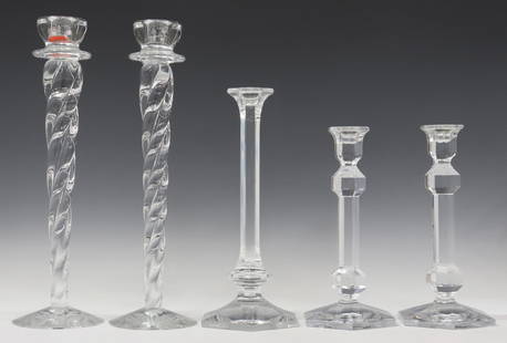 (5) KOSTA BODA & VAL ST LAMBERT CANDLESTICKS: (lot of 5) Art crystal single-light candlesticks, including: (2) "Cypress" tall candlesticks, designed by Ann Wahlstrom (Swedish, b.1957) for Kosta Boda, model no. 69422, approx 14.5"h, 4.25"diam, (2)