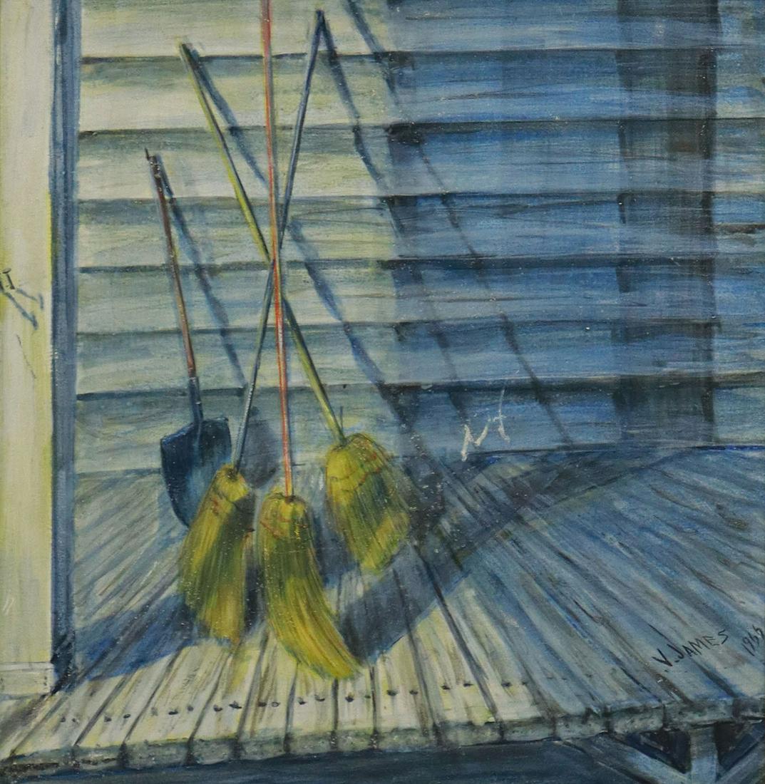 V. JAMES OIL PAINTING PORCH WITH BROOMS, 1966 (1 of 4)