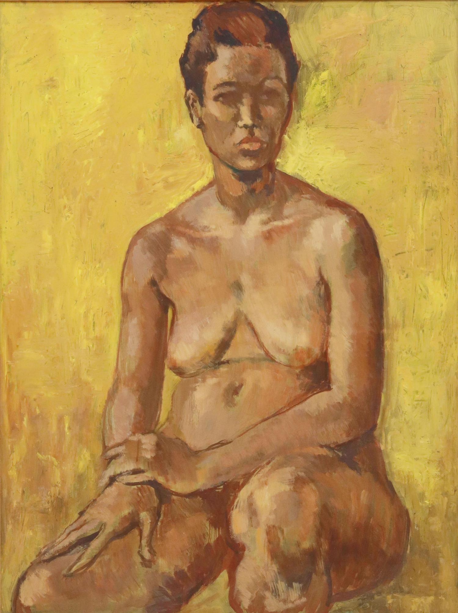 KRAWIETZ PORTRAIT OF A FEMALE NUDE, 32" X 24": Framed oil on board painting, double sided, Portrait of a Woman, reverse with Still Life, signed verso Krawietz, possibly Patricia Ruth Krawietz (Texas, 1929-2010), sight: 31.5"h, 23.5"w, overall: 34"