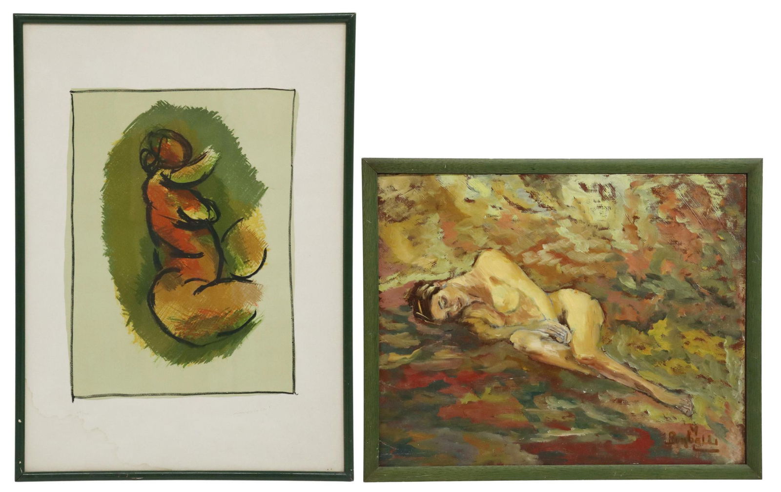 (2) ENNIO MORLOTTI (D.1992) FEMALE NUDE LITHOGRAPH: (lot of 2) Framed art, Female Nudes, including: (1) lithograph on paper, signed lower right Morlotti (Ennio Morlotti, Italian, 1910-1992), numbered 47/ 100, water staining to lower left corner, sight: