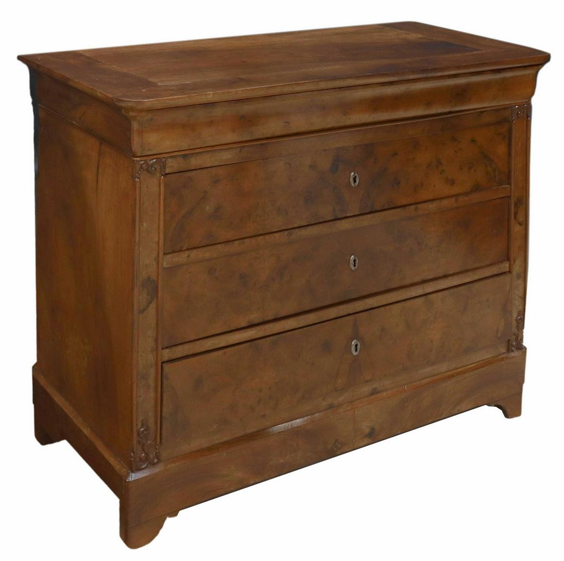 FRENCH LOUIS PHILIPPE PERIOD BURLWOOD COMMODE: French Louis Philippe period burlwood commode, mid 19th c., ogee frieze drawer, over three additional drawers, rising on bracket feet, approx 36.5"h, 45.25"w, 21.25"d Start Price: $400.00