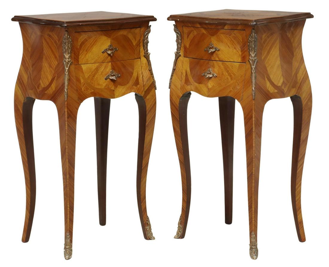 (2) FRENCH LOUIS XV STYLE NIGHTSTANDS: (pair) French Louis XV style nightstands, 20th c., shaped case in matched veneers, two drawers, rising on cabriole legs, ending in sabots, approx 27"h, 14"w, 11.5"d Start Price: $200.00
