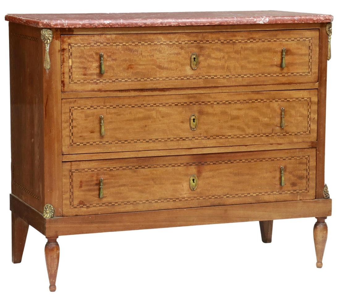 FRENCH LOUIS XVI STYLE MARBLE-TOP MAHOGANY COMMODE: French Louis XVI style marble-top mahogany commode, early 20th c., three drawers with parquetry banding, rising on tapered legs, loss to the front right edge of marble top, approx 33.25"h, 38.75"w, 19