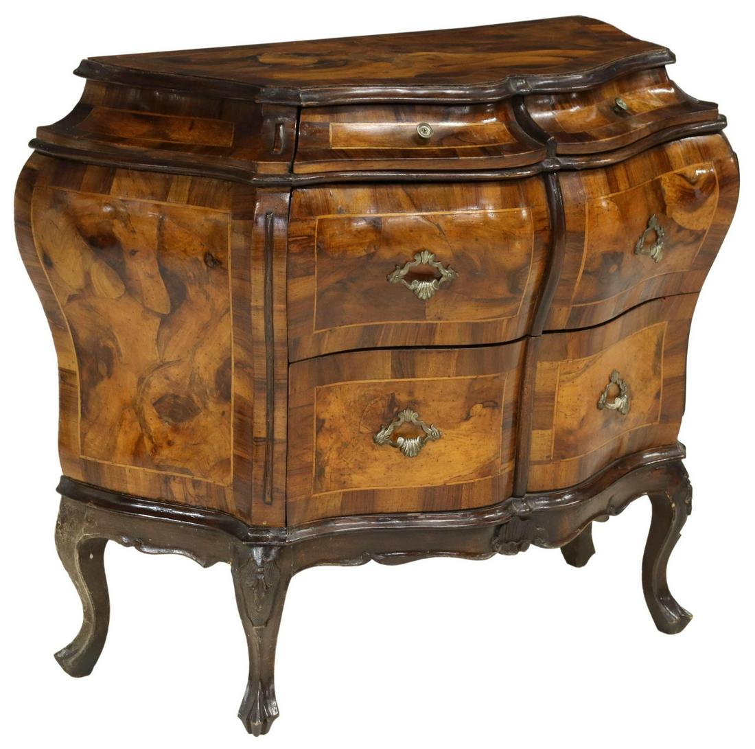 ITALIAN VENETIAN BURLWOOD BOMBE COMMODE (1 of 5)