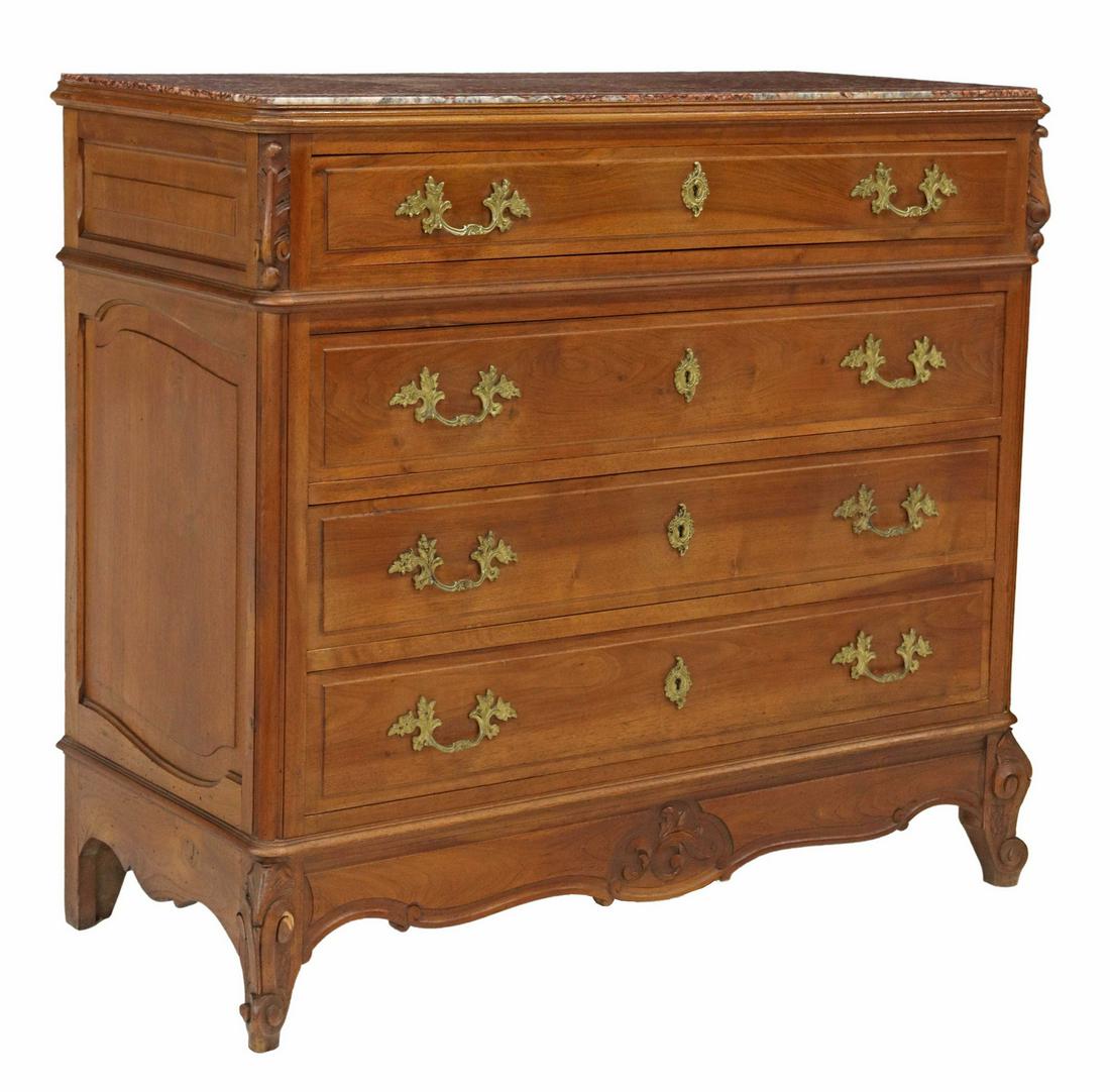 FRENCH LOUIS XV STYLE MARBLE-TOP WALNUT COMMODE (1 of 5)