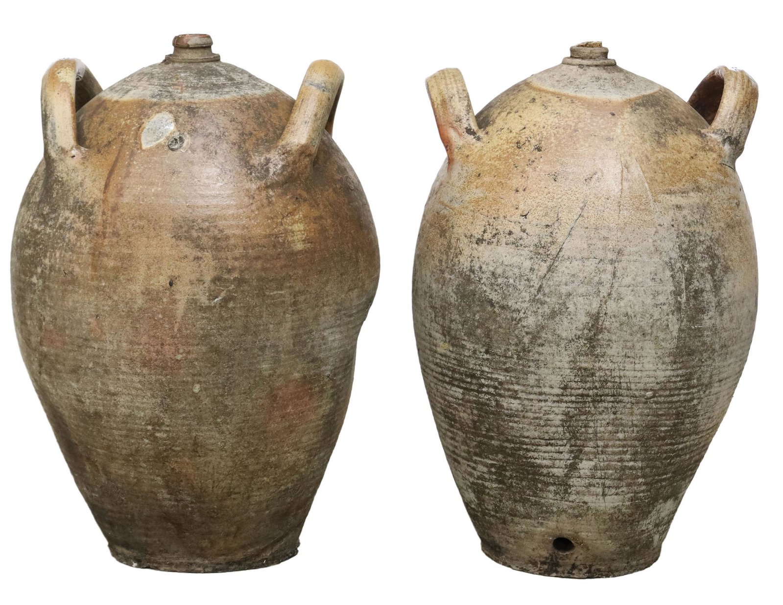 (2) FRENCH PROVINCIAL STONEWARE OIL JUGS: (lot of 2) French Provincial stoneware oil jugs, each with dual side handles, small holes at base for spout, expected chips, one with small hole in clay, largest: approx 20"h, 12" diam; 40lbs total St