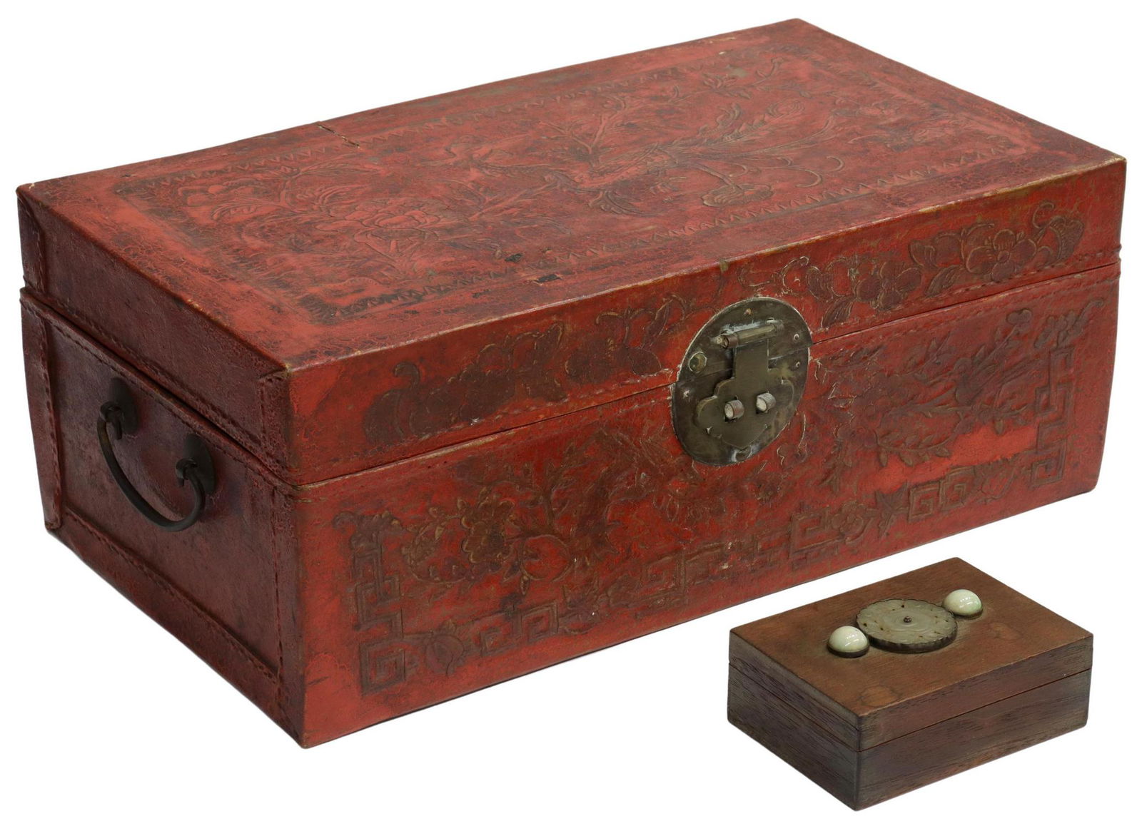 2) CHINESE LACQUERED LEATHER & STONE-MOUNTED BOXES (1 of 5)