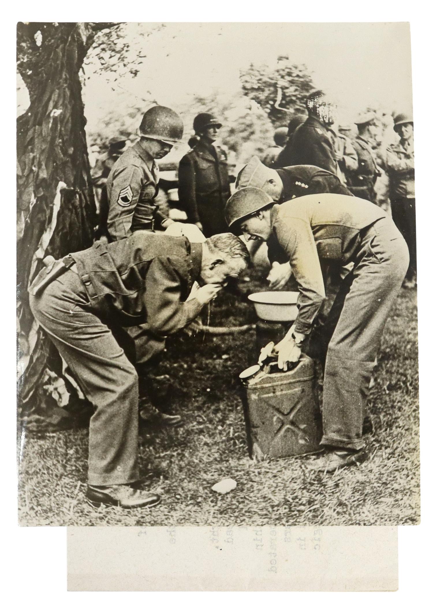 (6)U.S. WWII ITEMS, GEN. MARSHALLL, BOOKLETS, MORE: (lot of 6) Scarce WWII candid photo of General George C. Marshall (1880-1959), Chief of Staff, U.S. Army (1939-1945) visiting the Normandy invasion area on June 20, 1944, together with other general o