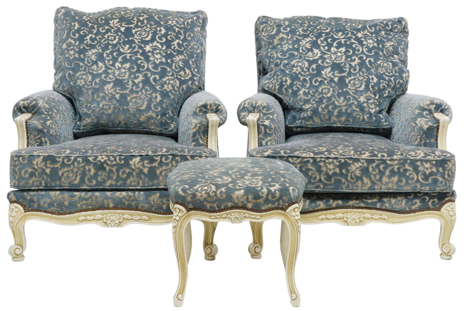 (3) FRENCH LOUIS XV STYLE BERGERES & OTTOMAN (1 of 5)