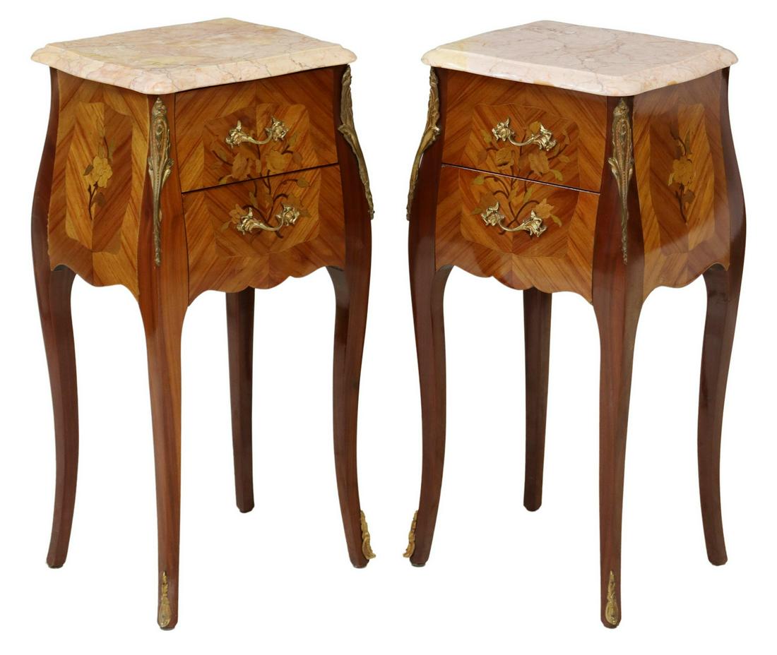 (2) FRENCH LOUIS XV STYLE MARBLE-TOP NIGHTSTANDS: (pair) French Louis XV style marble-top nightstands, 20th c., accented with floral marquetry, two drawers, rising on cabriole legs, approx 28.5"h,13.75"w, 11.5"d Start Price: $400.00