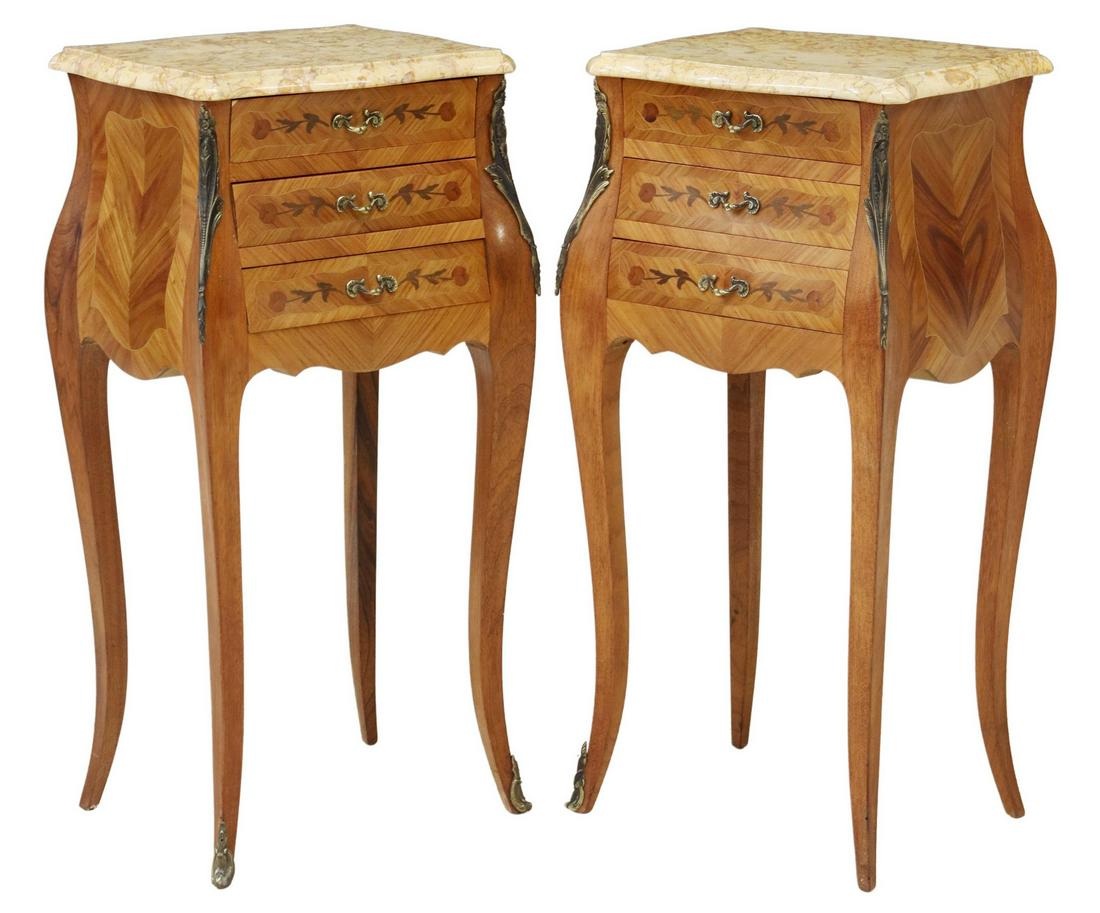 (2) FRENCH LOUIS XV STYLE MARBLE-TOP NIGHTSTANDS: (pair) French Louis XV style nightstands, 20th c., having shaped marble top, over three drawers, rose marquetry and matched veneer drawer fronts, rising on cabriole legs, approx 29"h, 13.75"w, 11"d St