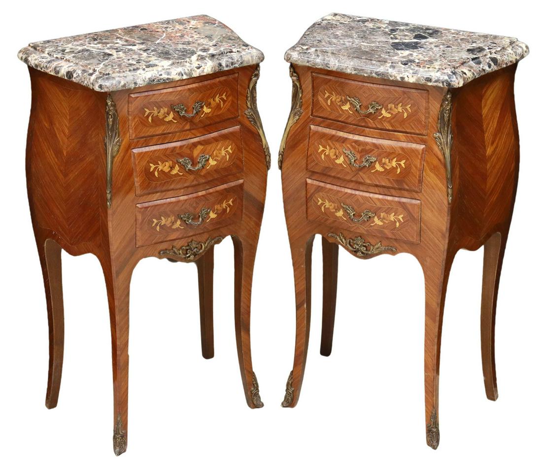 (2) FRENCH LOUIS XV STYLE MARBLE-TOP NIGHTSTANDS: (pair) French Louis XV style marble-top nightstands, 20th c., three drawers with floral marquetry, rising on cabriole legs, ending in front sabots, approx 29"h, 16.5"w, 10.5"d Start Price: $200.00