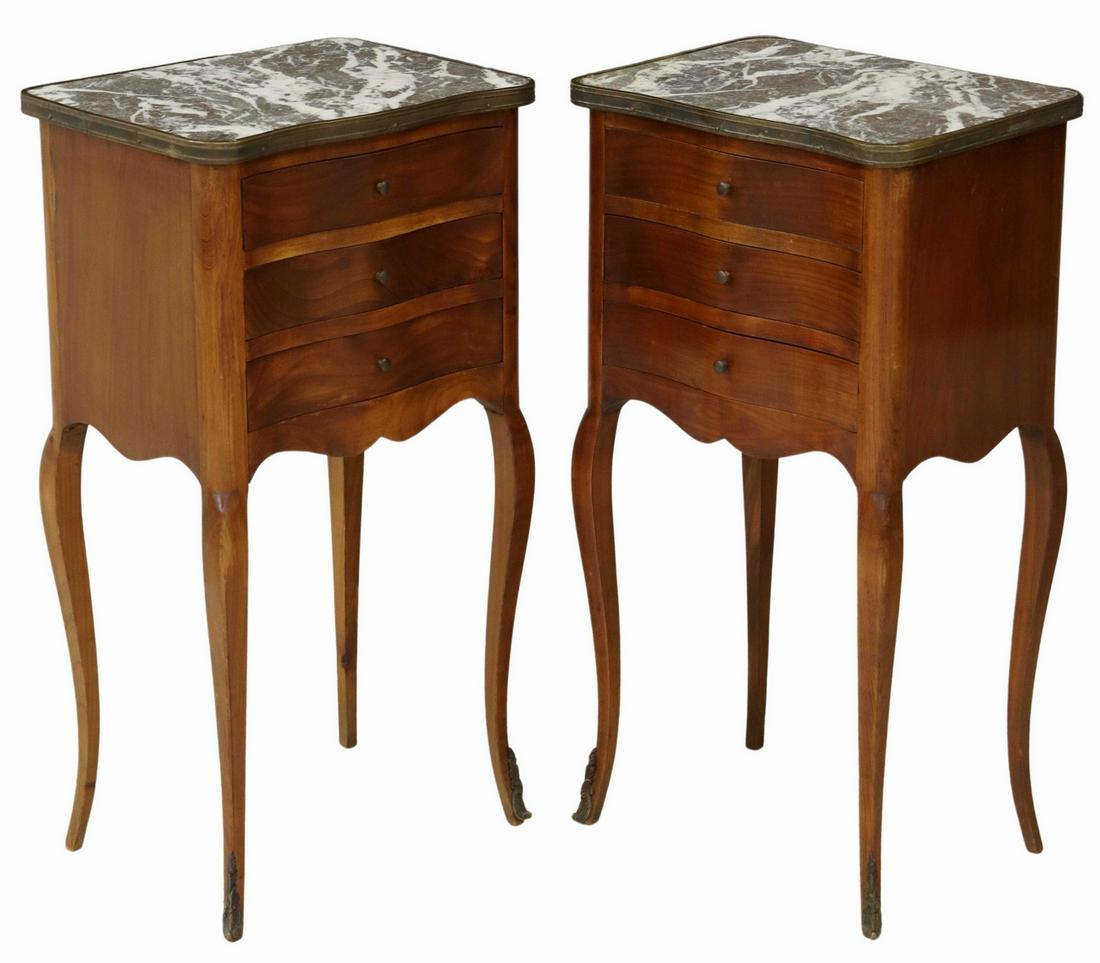 (2) FRENCH LOUIS XV STYLE MARBLE-TOP NIGHTSTANDS: (pair) French Louis XV style fruitwood nightstands, 20th c., shaped marble top inset into gilt metal frame, over three drawers, rising on cabriole legs, ending in sabots, approx 28"h, 15"w, 11.5"d Sta