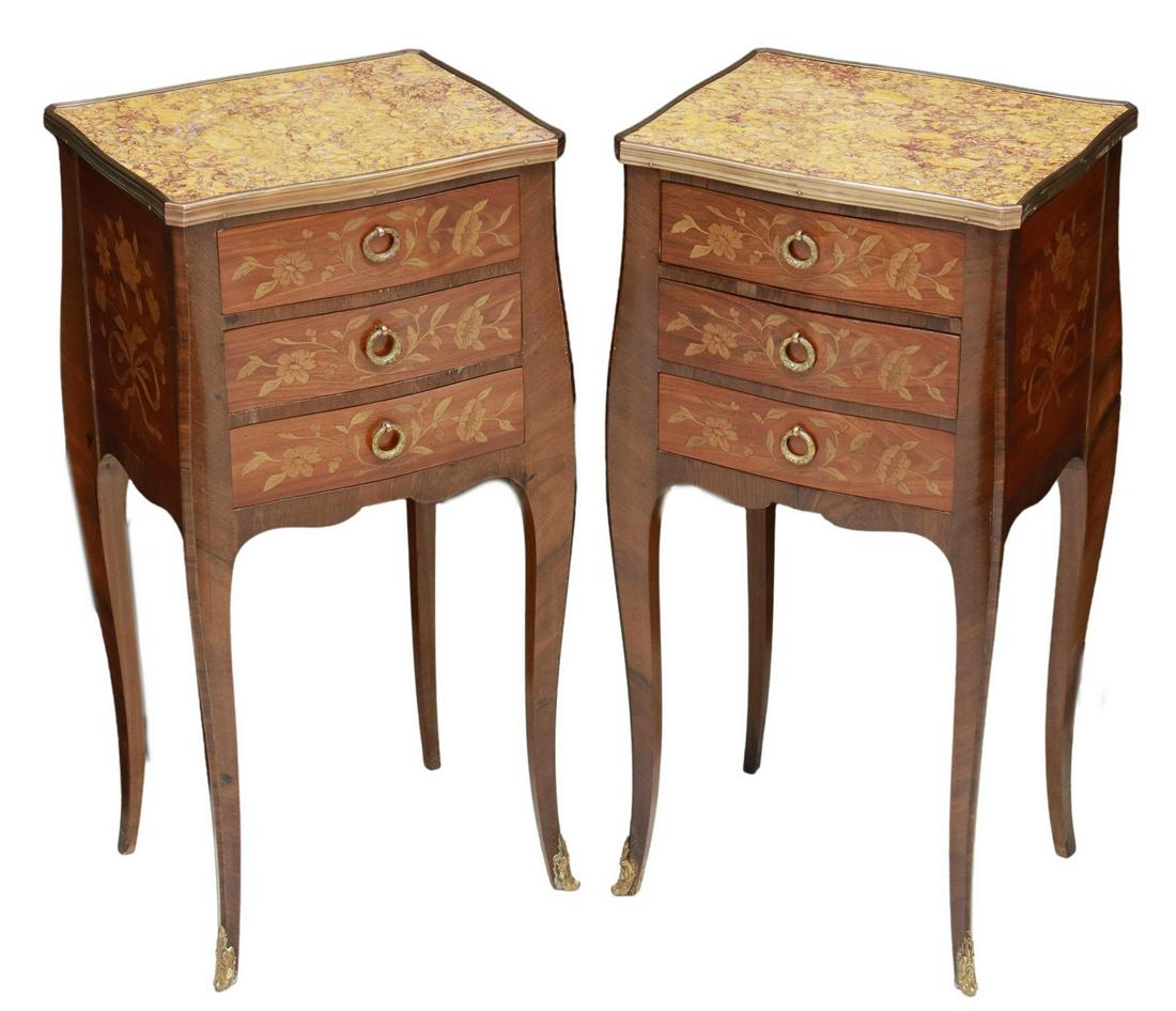 (2) FRENCH LOUIS XV STYLE MARBLE-TOP NIGHTSTANDS: (pair) French Louis XV style marble-top nightstands, 20th c., case accented with floral marquetry, three drawers, rising on cabriole legs, ending in front sabots, approx 27.5"h, 13.75"w, 11.25"d Start