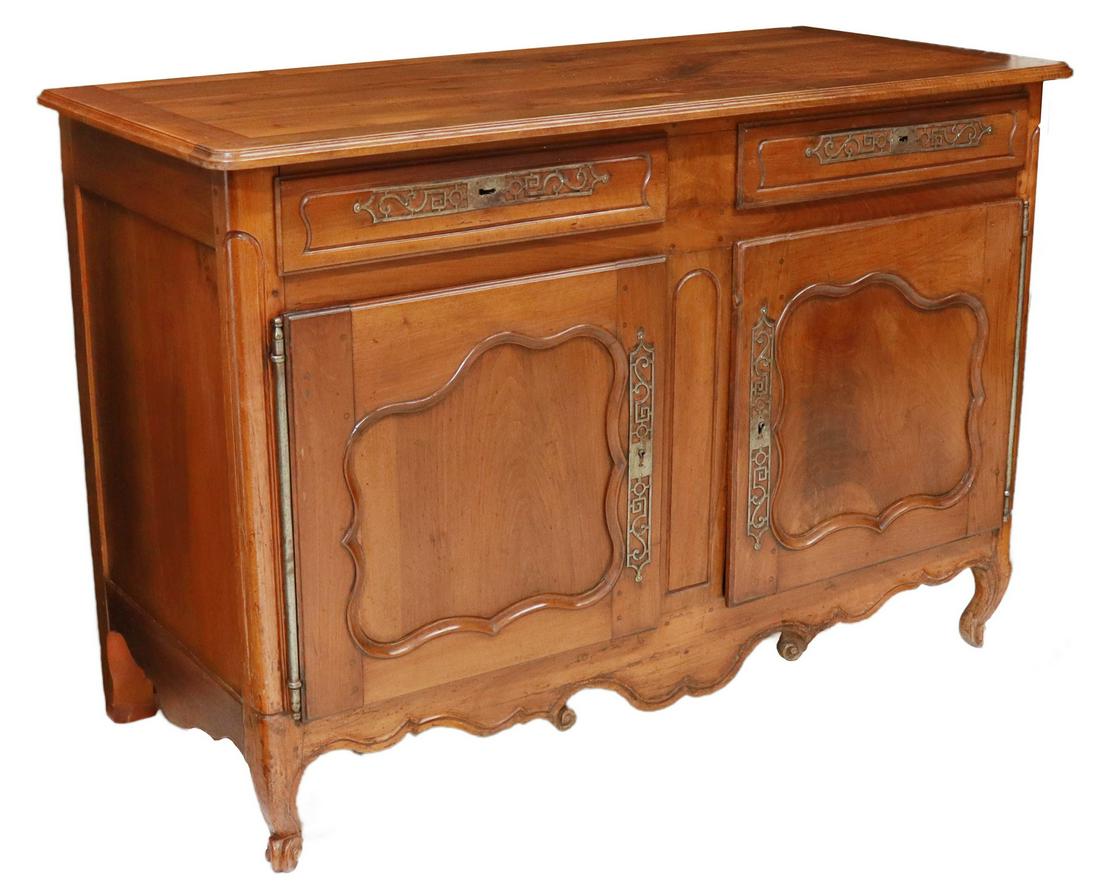 FRENCH LOUIS XV STYLE FRUITWOOD SIDEBOARD: French Provincial Louis XV style fruitwood sideboard, late 19th c., two drawers over two paneled doors, rising on cabriole legs, approx 41.75"h, 60"w, 27.25"d Start Price: $300.00