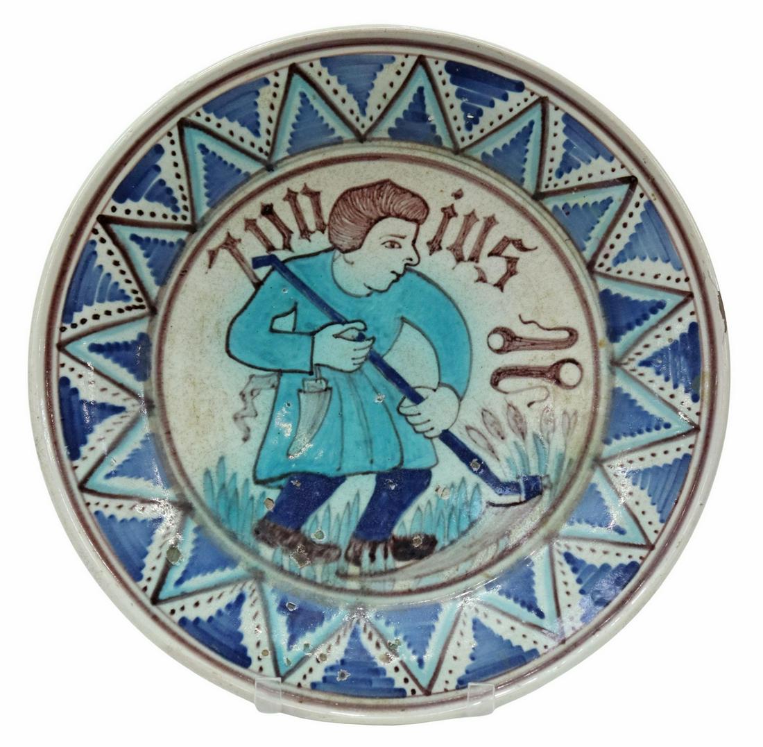 ITALIAN CANTAGALLI FIRENZE MAJOLICA CHARGER: Italian tin-glazed earthenware charger, Cantagalli, Firenze, man with scythe, glazed cockerel mark, approx 13.5"diam, 3.75lbs total Start Price: $80.00