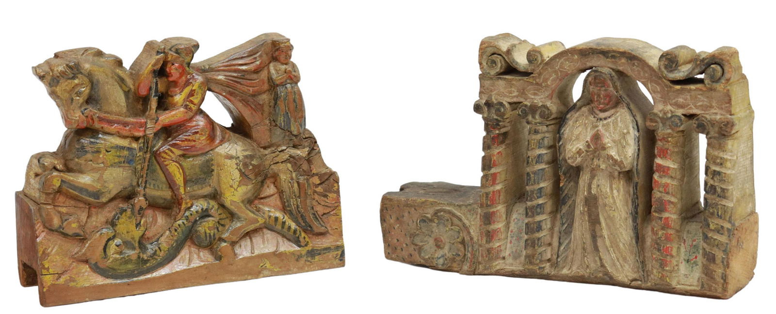 (2) CARVED & POLYCHROMED ST GEORGE & FEMALE SAINT (1 of 3)