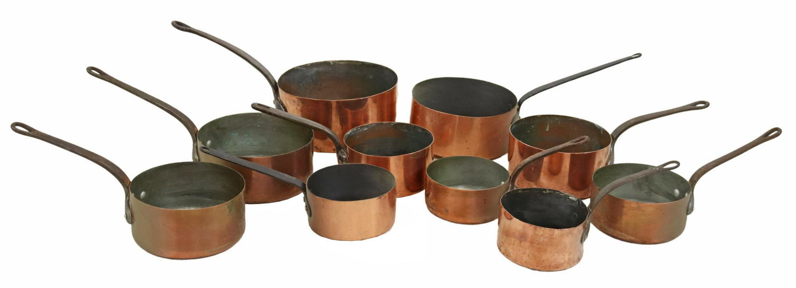 (10) FRENCH COPPER GRADUATED SAUCEPANS: (lot of 10) French copper graduated saucepans, each with iron handles, largest: approx 8.5"h (to handle), 8.75"diam; 22lbs total Start Price: $150.00