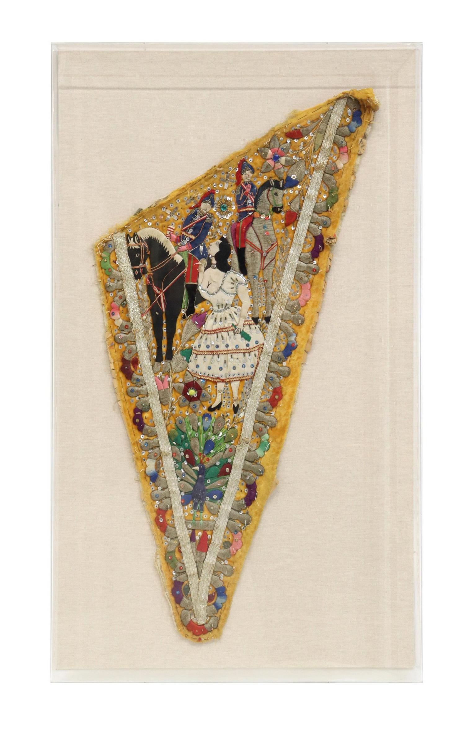 FRAMED 'NEGRERIA' PERUVIAN DANCE BIB FRAGMENT: Framed fragment of "Negreria" dance cape, Huayucachi, Junin, Peru, mid 20th c., cotton, sequins, and mixed materials depicting a woman and military officers from the War of the Pacific, sight: approx 