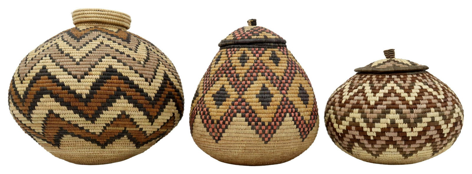 (3) AFRICAN ZULU WOVEN POLYCHROME LIDDED BASKETS (1 of 4)