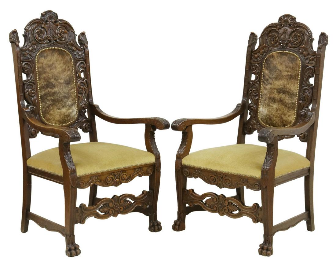 (2) BAROQUE STYLE OAK COWHIDE & LEATHER ARMCHAIRS (1 of 3)