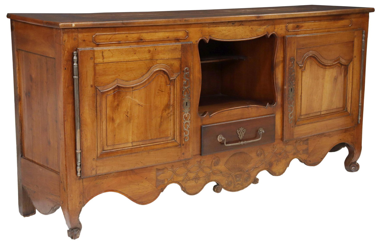 FRENCH LOUIS XV STYLE FRUITWOOD SIDEBOARD: French Provincial Louis XV style fruitwood sideboard, 19th c., an open center display area over a single drawer, flanked by a door at each side hung with exterior hinges, rising on short scroll feet, 