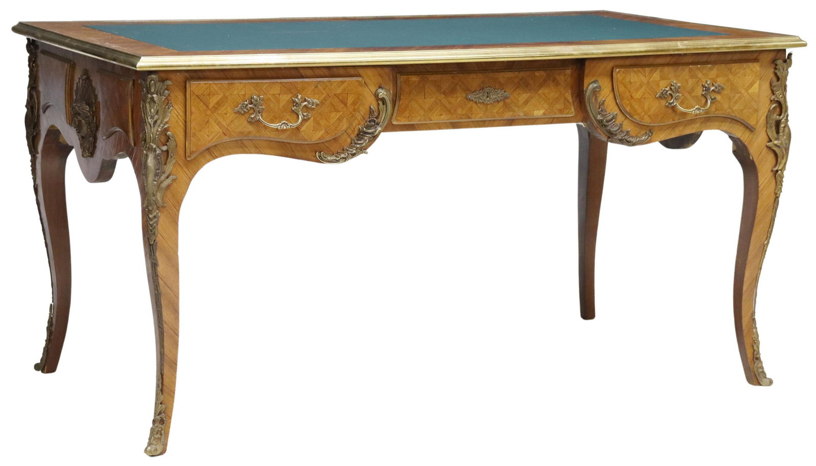 LOUIS XV STYLE ROSEWOOD BUREAU PLAT: Louis XV style rosewood writing desk, 20th c., inset writing surface, over three drawers, reverse with faux drawer fronts, gilt metal mounts, rising on cabriole legs, ending in sabots, approx 31"h, 60