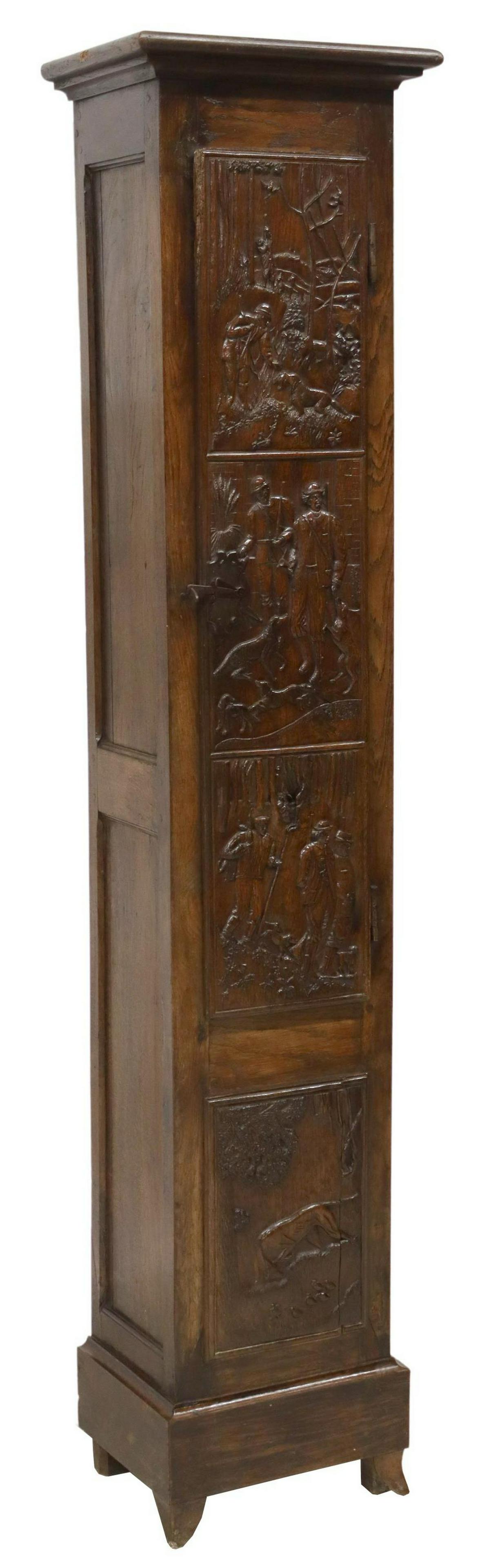 FRENCH BRETON CARVED OAK NARROW CABINET CUPBOARD (1 of 6)