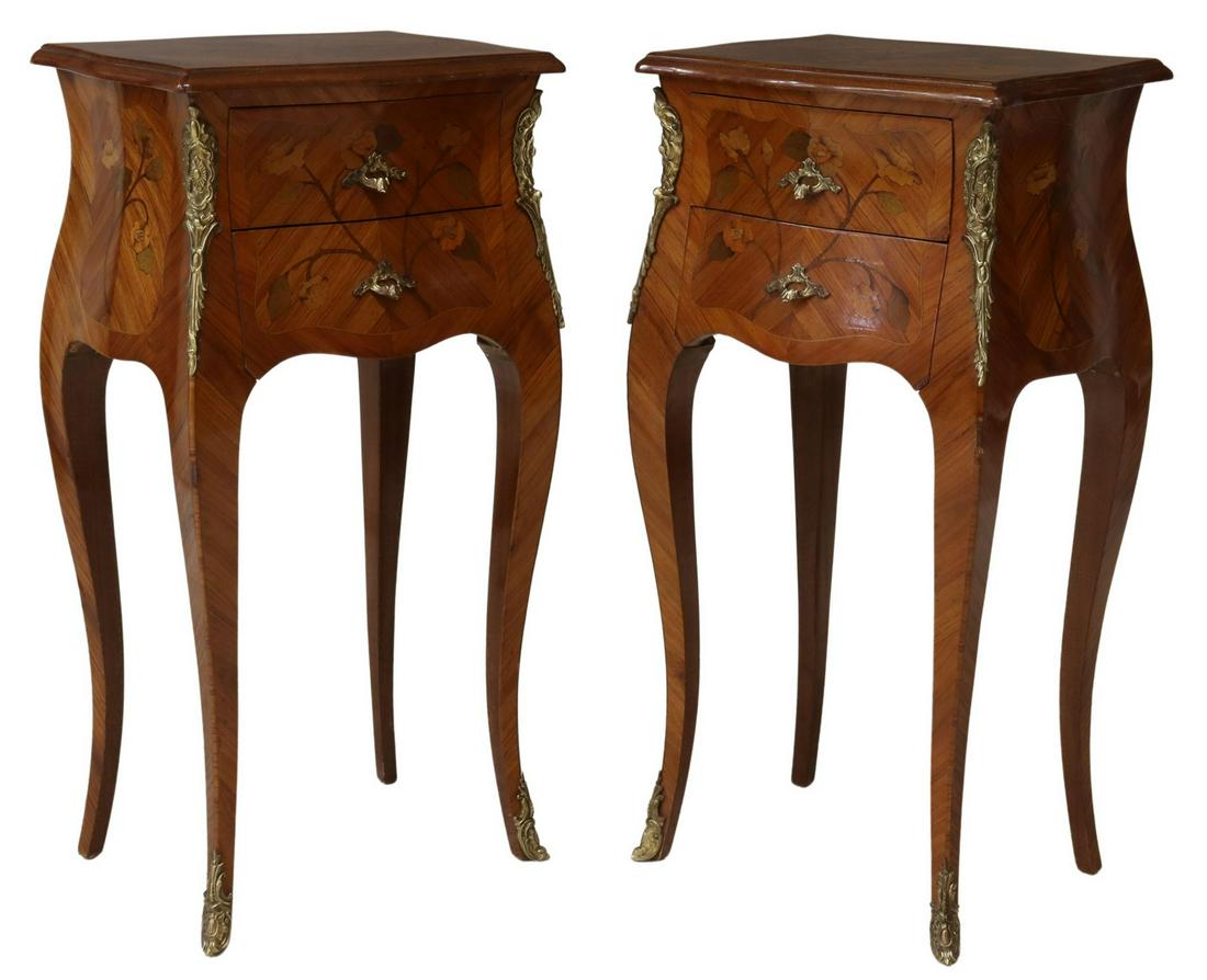 (2) FRENCH LOUIS XV STYLE MARQUETRY NIGHTSTANDS: (pair) French Louis XV style marquetry nightstands, 20th c., floral marquetry and matched veneer to shaped top and drawer fronts, fitted with two drawers, rising on cabriole legs, with gilt metal acce