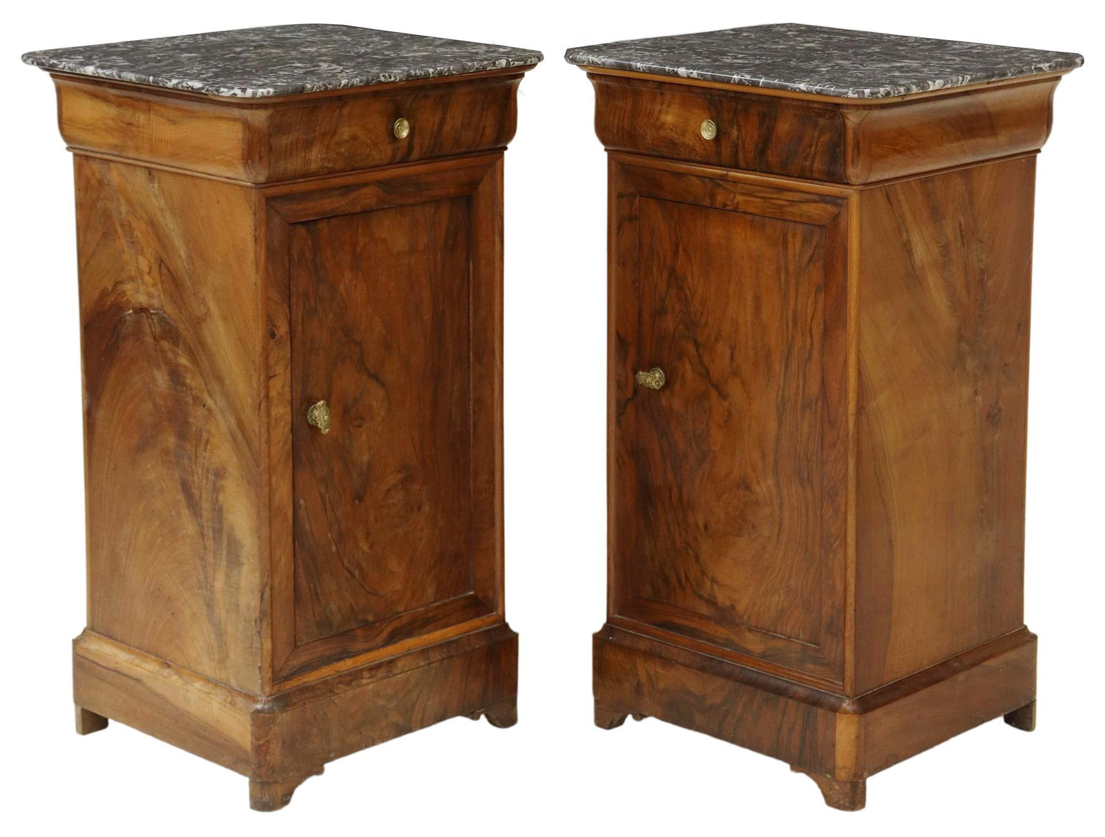 (2) FRENCH LOUIS PHILIPPE MARBLE-TOP NIGHTSTANDS: (pair) French Louis Philippe period marble-top walnut nightstands, mid 19th c., having a single drawer over a door, rising on bracket feet, one marble top with restoration, approx 30.5"h, 17.25"w, 16"
