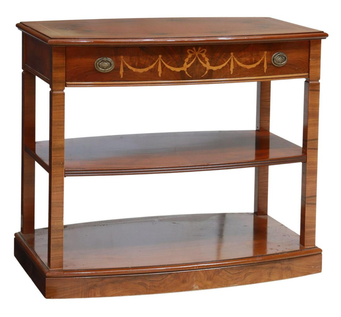 SPANISH FIGURED WALNUT SERVICE TABLE ON CASTERS: Spanish figured walnut service table, 20th c., shaped top with string inlay, over a single drawer with swag marquetry, medial shelf, on casters, approx 27.5"h, 30.25"w, 19"d Start Price: $100.00