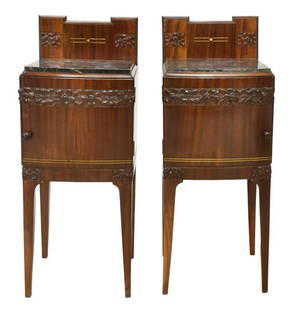 (2) ITALIAN ART NOUVEAU MARBLE-TOP NIGHTSTANDS: (lot of 2) Italian Art Nouveau rosewood bedside cabinets, attributed to Carlo Zen (Italian, 1851-1918) and Piero Zen (Italian, 1879-1950), Milan, early 20th c., raised back with brass inlay, stylized