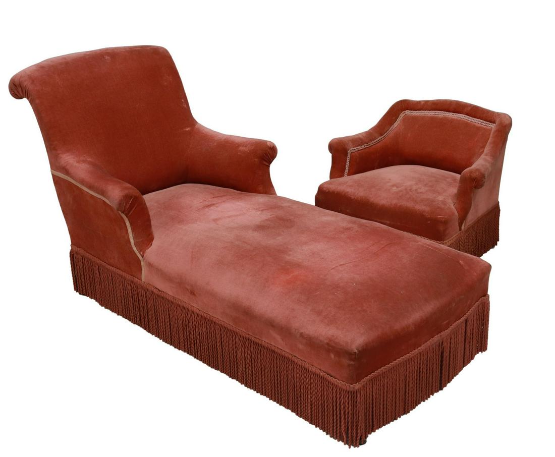 (2) FRENCH NAPOLEON III VELVET CHAISE & BERGERE (1 of 7)