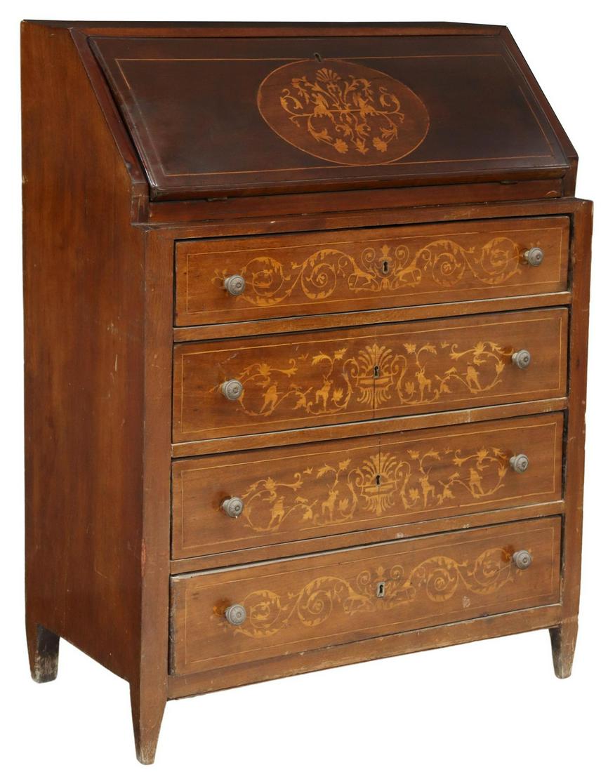 NORTHERN SPAIN MAHOGANY MARQUETRY DROP FRONT DESK (1 of 6)