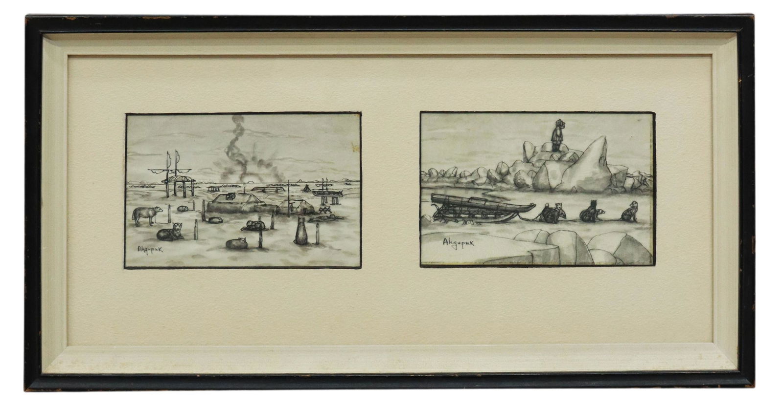GEORGE AHGUPUK (D.2001) INUIT INK WASH PAINTINGS (1 of 4)