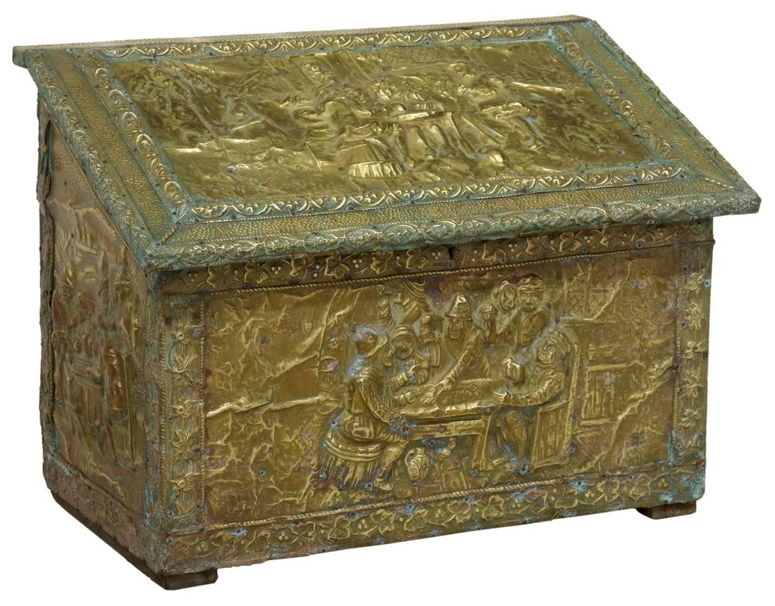 DUTCH BRASS REPOUSSE SLANT-LID COAL BIN, 17.5"H (1 of 5)
