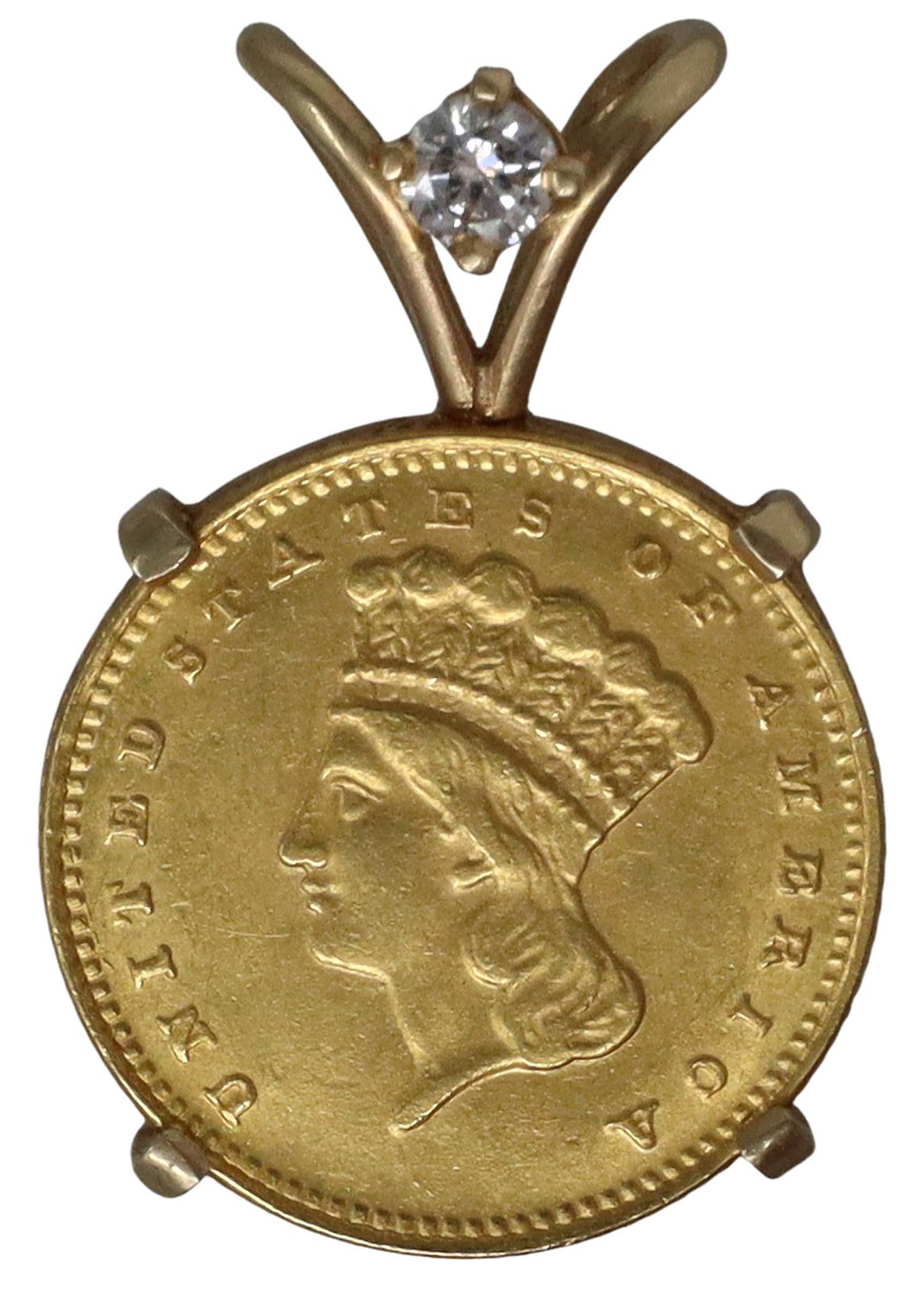 US INDIAN PRINCESS 1 DOLLAR COIN, BEZEL & DIAMOND (1 of 2)