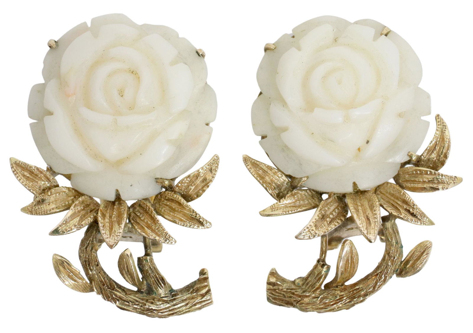 ESTATE 14KT GOLD & CARVED CORAL FLOWER EARRINGS (1 of 3)