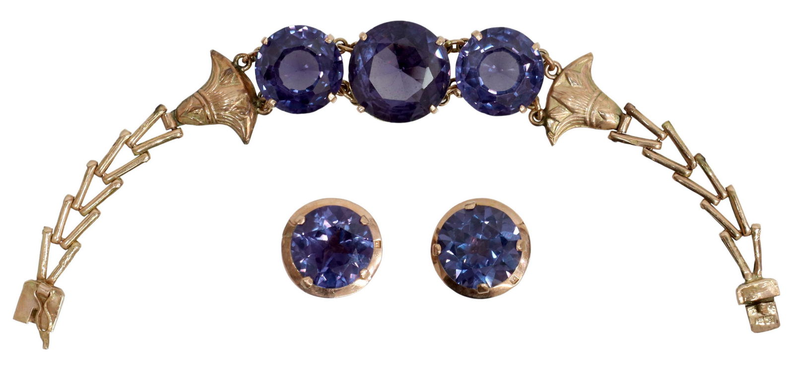 2) EGYPTIAN 14KT ROSE GOLD & LAB ALEXANDRITE SUITE: (lot of 2) Egyptian 14kt rose gold (tested) and lab created color change sapphire/ lab created alexandrite jewelry, including: (1) bracelet, set with three round cut stones, approx 40cttw, stylized lo