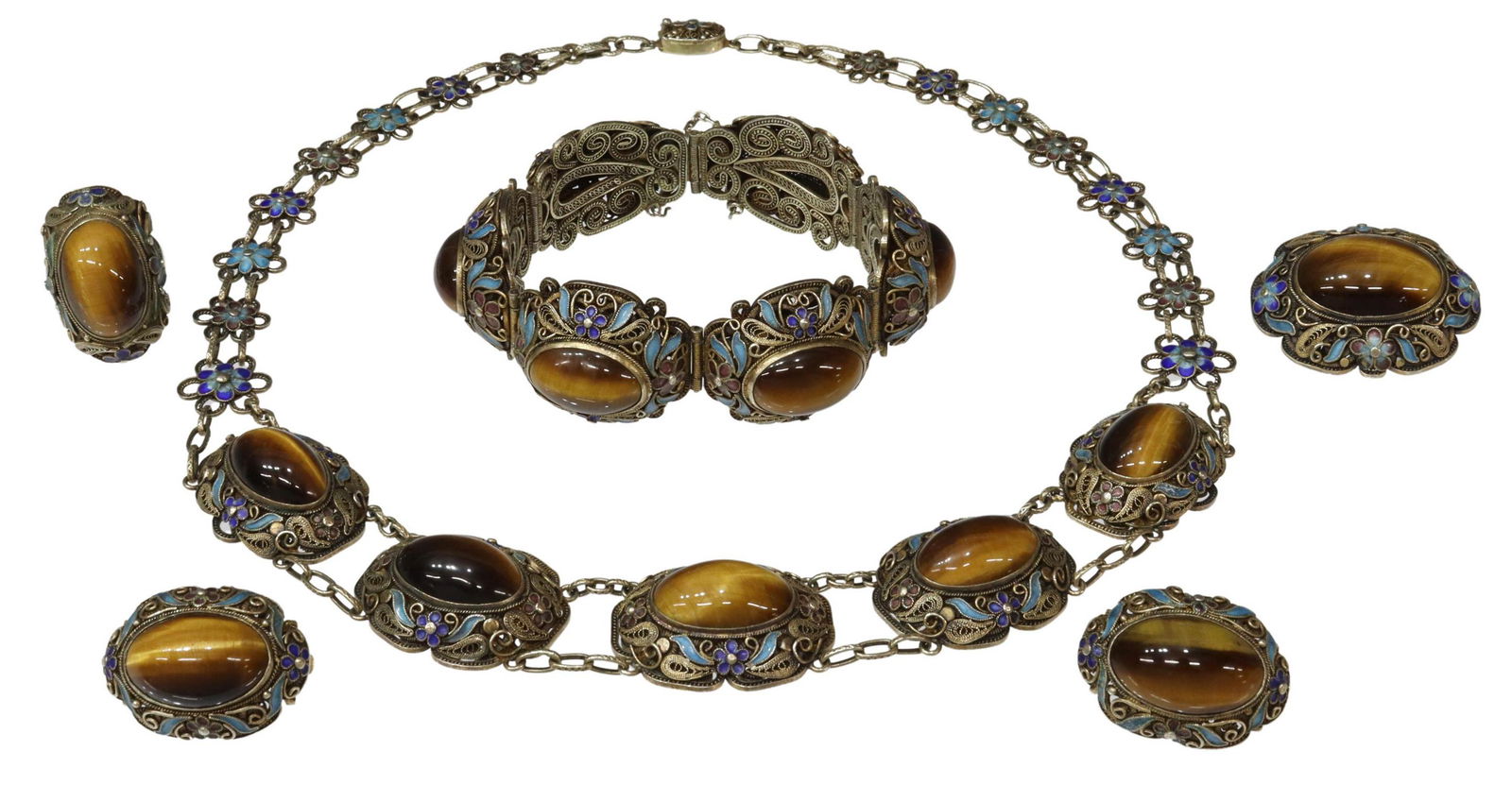 (5) CHINESE FILIGREE GILT & TIGERS EYE JEWELRY SET (1 of 6)